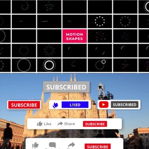 May include: A digital graphic showing animated motion shapes on a black background, with the text "MOTION SHAPES" in a pink rectangle. Below, social media buttons with the text "SUBSCRIBED", "SUBSCRIBE", "LIKED", and "SHARE" are displayed.