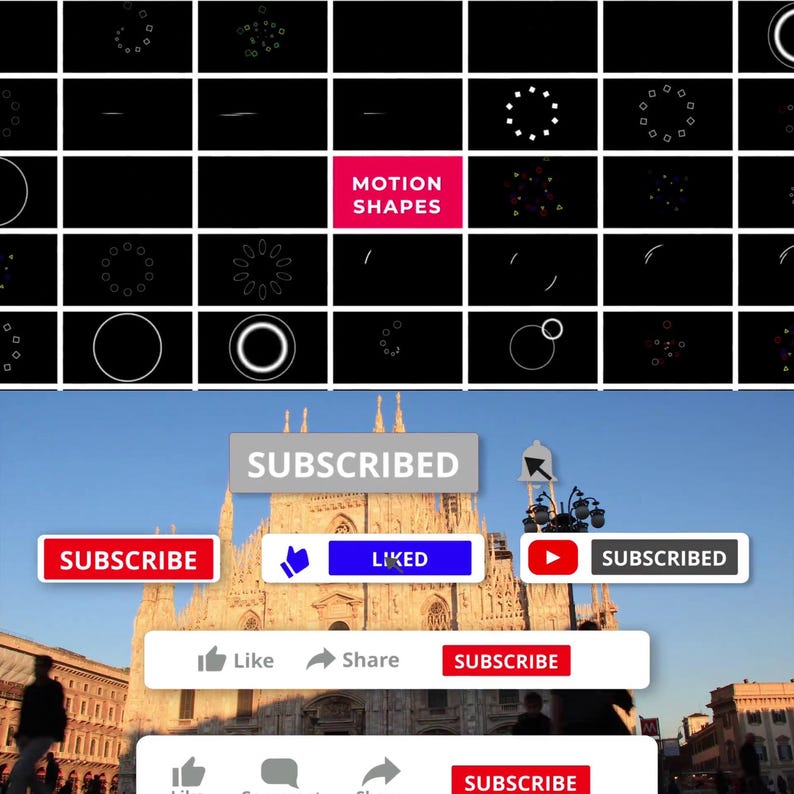 May include: A digital graphic showing animated motion shapes on a black background, with the text "MOTION SHAPES" in a pink rectangle. Below, social media buttons with the text "SUBSCRIBED", "SUBSCRIBE", "LIKED", and "SHARE" are displayed.