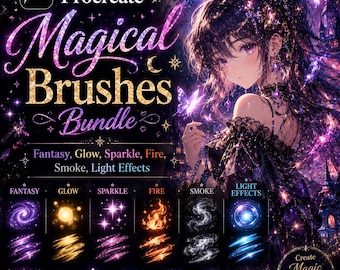 Procreate Magical Brushes Bundle | Fantasy, Glow, Sparkle, Fire, Smoke, Light Effects | iPad Drawing Brushes Pack