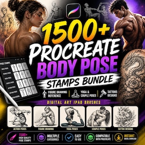 May include: Digital art bundle for Procreate with over 1500 body pose stamps. Includes figure drawing references, yoga and couple poses, and tattoo designs. Compatible with iPad brushes. Features the text "1500+ Procreate Body Pose Stamps Bundle".