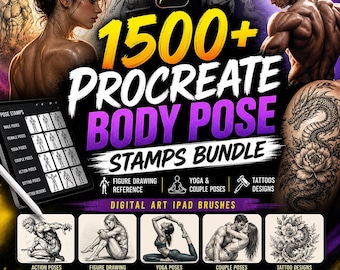 1500+ Procreate Body Pose Stamps Bundle | Figure Drawing Reference, Yoga Couple Poses & Tattoos Digital Art iPad Brushes