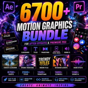 Paquete de más de 6700 gráficos en movimiento para After Effects y Premiere Pro: presentaciones de diapositivas, títulos, transiciones, elementos para redes sociales como Instagram y efectos de sonido.