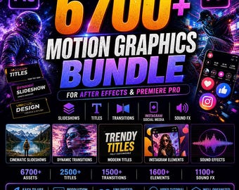 Paquete de más de 6700 gráficos en movimiento para After Effects y Premiere Pro: presentaciones de diapositivas, títulos, transiciones, elementos para redes sociales como Instagram y efectos de sonido.