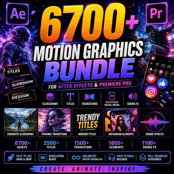 6700+ Motion Graphics Bundle for After Effects & Premiere Pro, Slideshows, Titles, Transitions, Instagram Social Media Elements, Sound FX