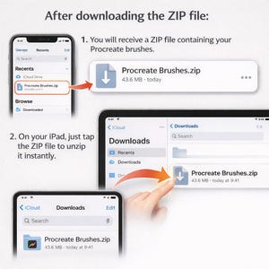May include: A step-by-step guide on how to download and unzip a Procreate brushes ZIP file on an iPad. The image shows an iPhone and iPad screen with the file name "Procreate Brushes.zip" and the text "After downloading the ZIP file:"