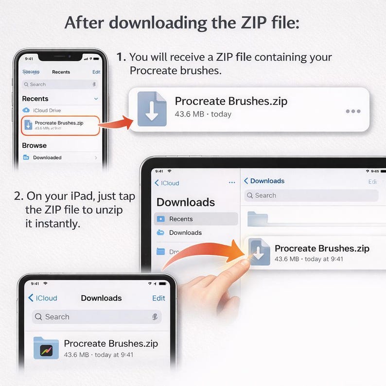 May include: A step-by-step guide on how to download and unzip a Procreate brushes ZIP file on an iPad. The image shows an iPhone and iPad screen with the file name "Procreate Brushes.zip" and the text "After downloading the ZIP file:"