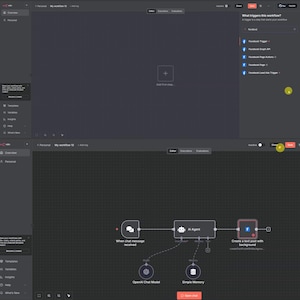 May include: Screenshot of a dark gray software interface with a workflow diagram. The diagram includes nodes labeled "When chat message received," "AI Agent," and "Create a text post with background." Additional elements include "OpenAI Chat Model" and "Simple Memory."