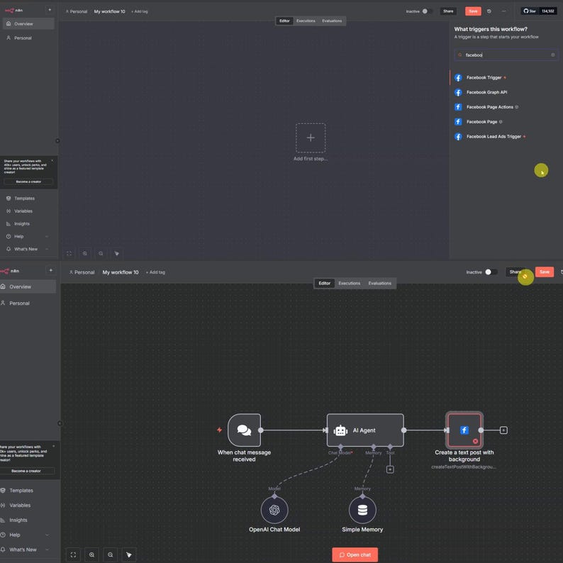 May include: Screenshot of a dark gray software interface with a workflow diagram. The diagram includes nodes labeled "When chat message received," "AI Agent," and "Create a text post with background." Additional elements include "OpenAI Chat Model" and "Simple Memory."