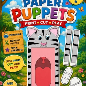 May include: A printable paper puppet kit featuring a gray and black striped cat face with a pink mouth. The kit includes instructions and additional paper pieces. The text on the packaging reads "Papino Printable PAPER PUPPETS PRINT CUT PLAY".