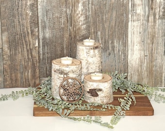 Authentic white birch log tealight candle holders set of three