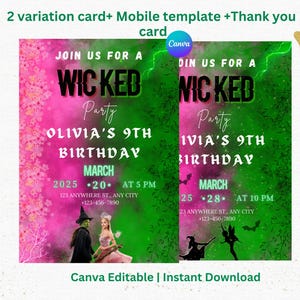 Wicked Birthday Party Invitation, Wicked party invitation, WICKED inspired Movie ticket, Elphaba & Glinda Theme, Movie party, Canva Editable