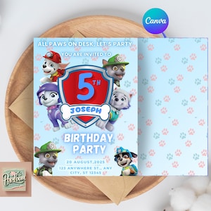 Bearbeitbar Paw Patrol Geburtstag einladen | Blaue Pfote Kinder Geburtstagskarte | Paw Patrol Einladung| Pfote Geburtstag Vorlage | Bearbeitbare Canva Vorlage