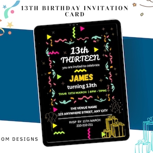 Modèle modifiable sur toile d'invitation pour le 13e anniversaire | Faire-part d'anniversaire garçon, adolescent