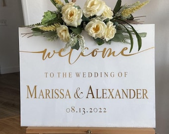Elegante cartello di benvenuto per matrimoni in acrilico bianco, classico cartello di benvenuto per matrimoni nero, nomi e data personalizzati, cartello di benvenuto per eventi in acrilico