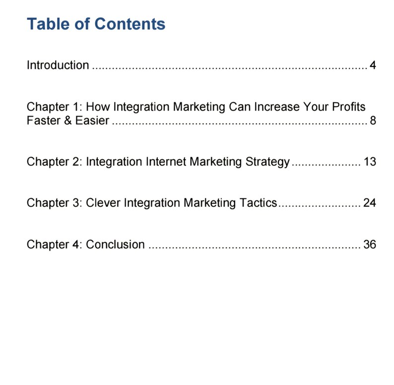 Op de afbeelding: Een pagina met de titel "Inhoudsopgave" met een blauwe kop. De inhoud bevat hoofdstukken met titels als "Hoe integratiemarketing uw winst kan verhogen" en "Slimme integratiemarketingtactieken", samen met bijbehorende paginanummers.