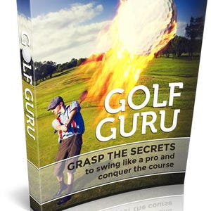 Pode incluir: Capa do livro "GOLF GURU" com um jogador de golfe em a&ccedil;&atilde;o e uma bola de golfe em chamas. O texto "GRASP THE SECRETS to swing like a pro and conquer the course" tamb&eacute;m &eacute; vis&iacute;vel. O livro est&aacute; num campo de golfe.
