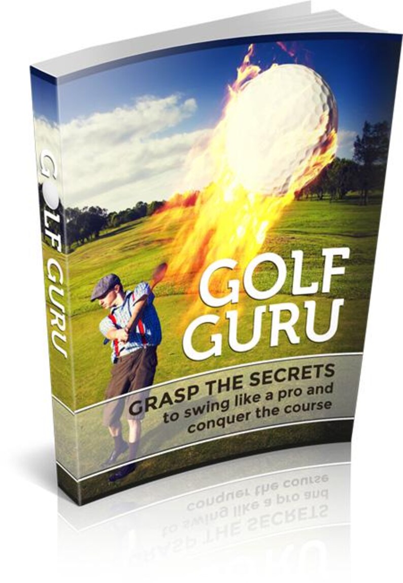 Pode incluir: Capa do livro "GOLF GURU" com um jogador de golfe em a&ccedil;&atilde;o e uma bola de golfe em chamas. O texto "GRASP THE SECRETS to swing like a pro and conquer the course" tamb&eacute;m &eacute; vis&iacute;vel. O livro est&aacute; num campo de golfe.