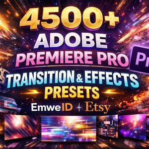 May include: A promotional image for Adobe Premiere Pro presets. The image features the text "4500+ Adobe Premiere Pro Transition & Effects Presets" in gold, white, and pink. A film clapperboard and the Premiere Pro logo are also visible.