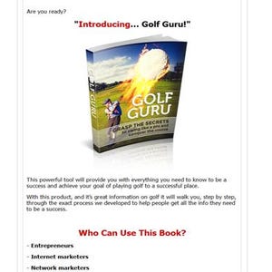 Pode incluir: Capa do livro "Golf Guru" com um jogador de golfe e uma bola de golfe em chamas. O subt&iacute;tulo &eacute; "Grasp the Secrets". O fundo &eacute; branco. O texto "Introducing... Golf Guru!" est&aacute; no topo.