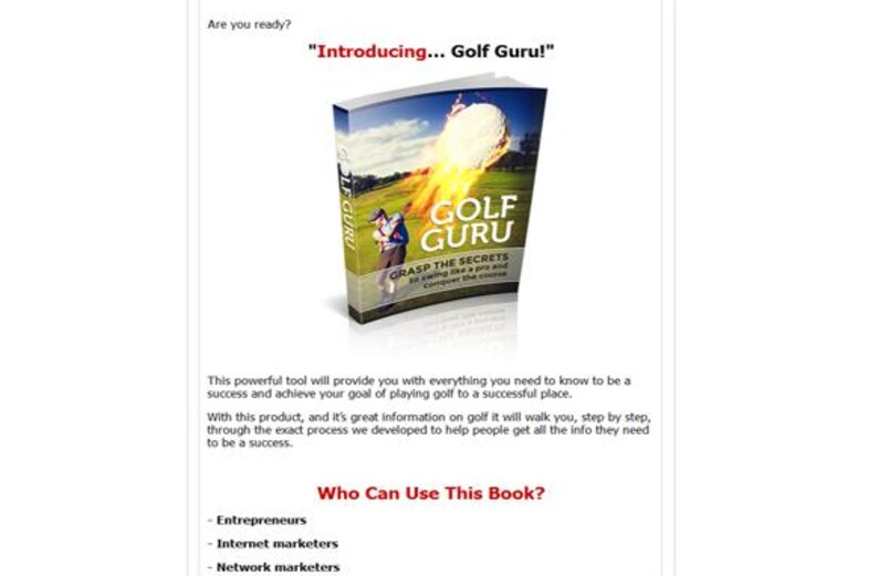 Pode incluir: Capa do livro "Golf Guru" com um jogador de golfe e uma bola de golfe em chamas. O subt&iacute;tulo &eacute; "Grasp the Secrets". O fundo &eacute; branco. O texto "Introducing... Golf Guru!" est&aacute; no topo.