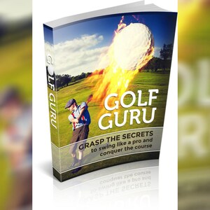 Puede incluir: Portada del libro "Golf Guru" con una bola de golf en llamas. La portada presenta a un golfista balanceando un palo, con el texto "Aprovecha los secretos para balancearte como un profesional y conquistar el campo."