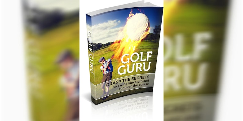Pode incluir: Capa do livro "Golf Guru" com uma bola de golfe em chamas. A capa apresenta um golfista a balan&ccedil;ar um taco, com o texto "Aprenda os segredos para balan&ccedil;ar como um profissional e conquistar o campo."