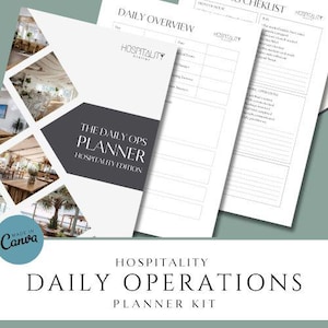 May include: A white and gray planner kit with the text "The Daily Ops Planner Hospitality Edition." The kit includes a daily overview, checklist, and operations pages. The Canva logo is visible in the lower left corner.