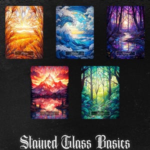 May include: Five stained glass art cards featuring landscapes: Plains, Island, Swamp, Mountain, and Forest. Each card has a unique design with vibrant colors and a detailed, mosaic-like appearance. The text "Stained Glass Basics" is at the bottom.