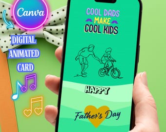 Puede incluir: Un teléfono inteligente muestra una tarjeta digital del Día del Padre con el texto "Cool Dads Make Cool Kids" y "Happy Father's Day". La tarjeta presenta un dibujo lineal de un padre y un niño en bicicleta. El fondo es verde.