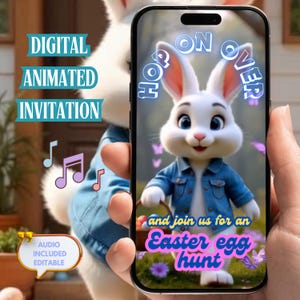May include: A digital animated invitation featuring a cartoon bunny rabbit holding a basket of Easter eggs. The text on the invitation reads "Hop on over and join us for an Easter egg hunt".