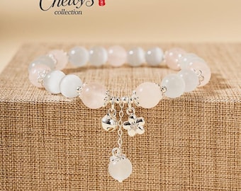 Pulsera de cuarzo rosa y ojo de gato, pulsera con dije de flor de campana, delicada pulsera de cristal pastel, regalo para mujer, pulsera de la amistad