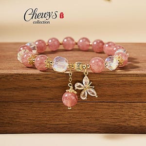 Rose Quartz Beaded Bracelet: Butterfly Pendant, Adjustable Crystal Jewelry