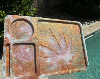 Custom Resin Leaf Rolling Tray – Handmade Glitter Tray – White, Copper, Green  | Spiritual, Witchy, Functional Art