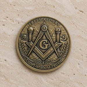 May include: A circular bronze-toned medallion featuring the Freemasonry square and compass symbol with a central letter G. The design includes two pillars marked J and B, a sun, a moon, and the text FREEMASONRY LIGHT-WISDOM-TRUTH along the border.