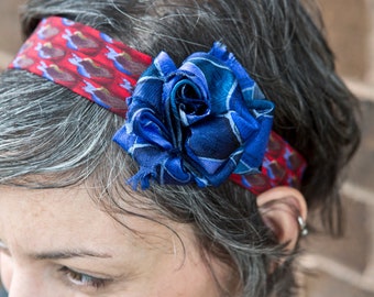 Upcycled Recycled Repurposed Bright Red Blue Elastic Necktie Headband with Flower for Women and Girls by Lulu Bea