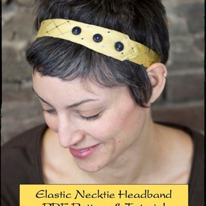 May include: A yellow elastic necktie headband with three dark blue buttons. The headband is worn by a person with short, dark hair. The image includes text that reads "Elastic Necktie Headband PDF Pattern & Tutorial."