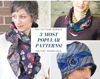 PDF Sewing Pattern Bundle for Recycled Repurposed Necktie Cowl, Infinity and Ruffle Scarves and Cloche Hat for Women Instant Download