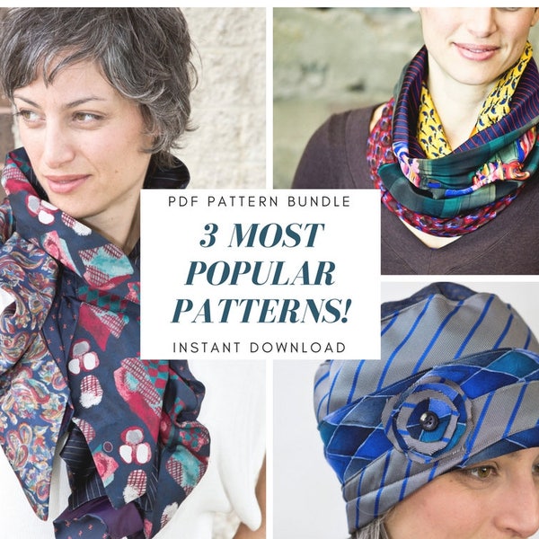 PDF Sewing Pattern Bundle for Recycled Repurposed Necktie Cowl, Infinity and Ruffle Scarves and Cloche Hat for Women Instant Download