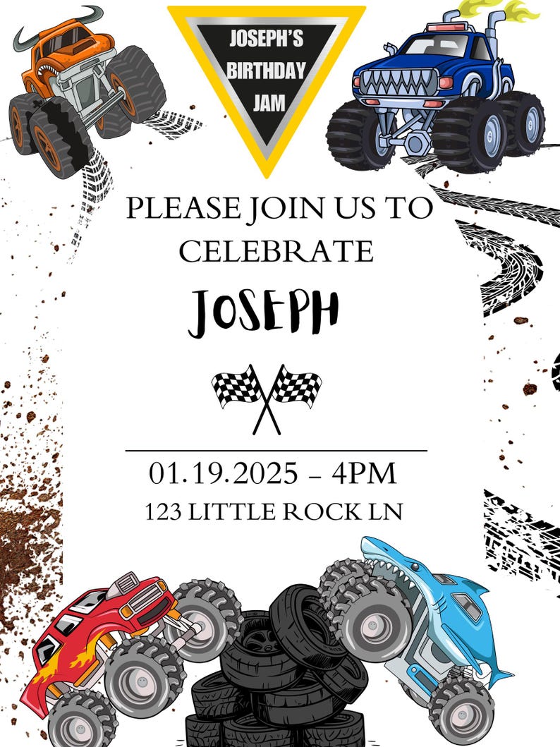 Monster Jam Birthday Party Invitation Template Editable Canva