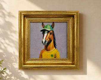 子供向けオリジナル油絵 茶色の馬 カントリー風インテリア 額装済み