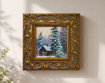 Original Oil Painting, Winter Cabin Wall Art, Landscape Wall Art, Framed Art, Canvas Wall Art