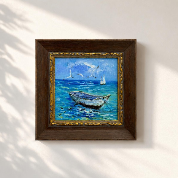Original Oil Painting, Boat and Seagulls Wall Art, Seascape Wall Art, Framed Art, Canvas Wall Art