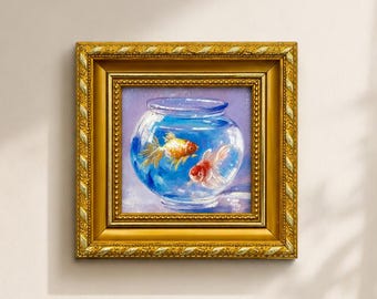 オリジナル金魚油絵、キッチンウォールアート（6x6インチキャンバス