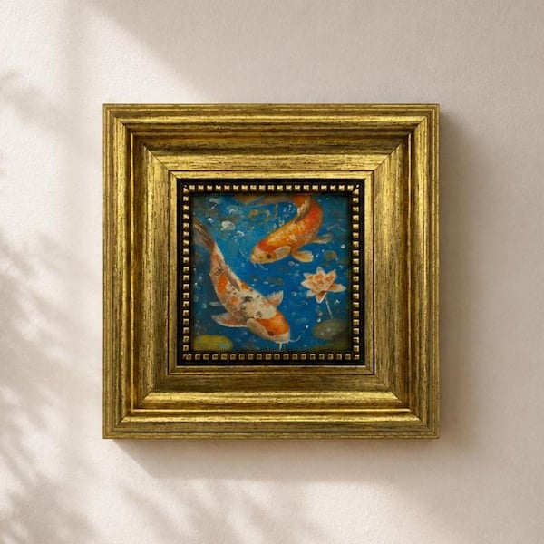 Peinture à l'huile originale, Décoration murale représentant des carpes koï, Art aquatique, Œuvre encadrée, Toile murale