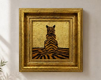 Original Oil Painting, Tiger Wall Art, Framed Canvas Wall Decor, Small Gold Leaf Artwork, Gift for Friend