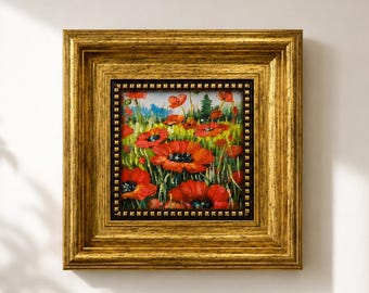 Original Oil Painting, Red Poppy Wall Art, Floral Wall Art, Framed Art, Canvas Wall Art