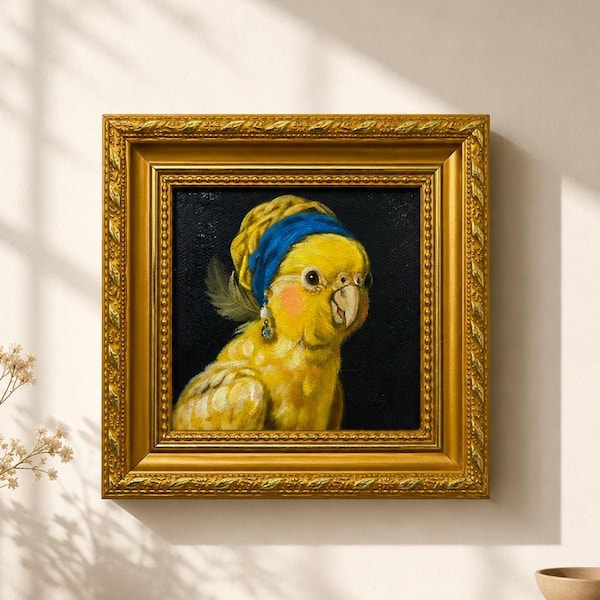 Peinture à l'huile originale, Décoration murale perroquet, Décoration murale oiseau, Œuvre encadrée, Toile murale