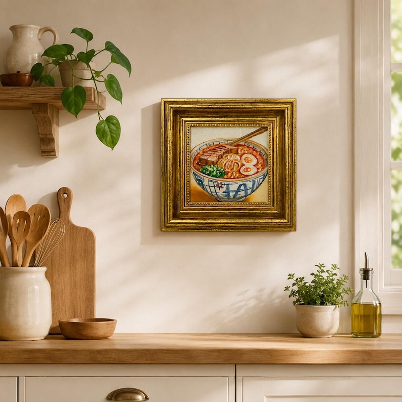 May include: A square framed wall art piece featuring a detailed illustration of a bowl of ramen with noodles, sliced pork, and soft-boiled eggs. The artwork is encased in an ornate, metallic gold frame with a textured, multi-layered border design.