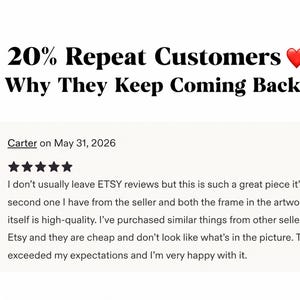 May include: A customer review graphic featuring the text 20% Repeat Customers Why They Keep Coming Back? with a red heart emoji. Below is a five-star review from Carter dated May 31, 2026, praising the high-quality frame and artwork purchased on Etsy.