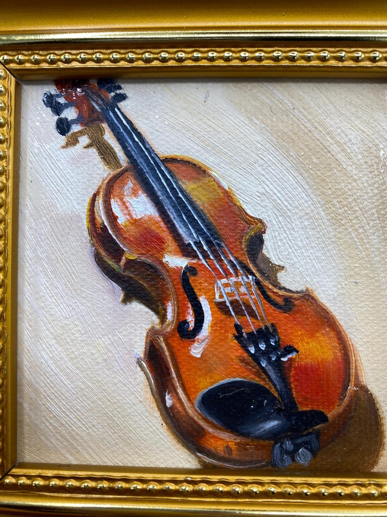 Original oljemålning, väggkonst för fiol, dekoration för musikrum, liten inramad canvastavla bild 4